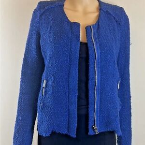 IRO Agnetay Royal Blue Tweed Boucle Cropped Zipper Jacket, Frayed Edge Detail, 2